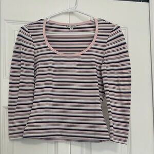 Guess Pink, White and Blue Striped 3/4 Sleeve Top